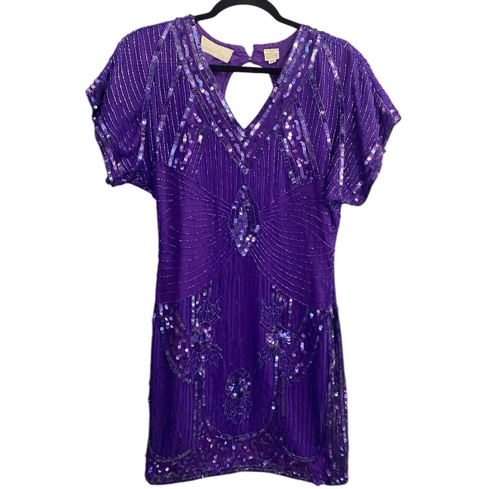 Vtg LAURENCE KAZAR Women Pure Silk Beaded Midi Evening Dress Sz PS Purple 80s